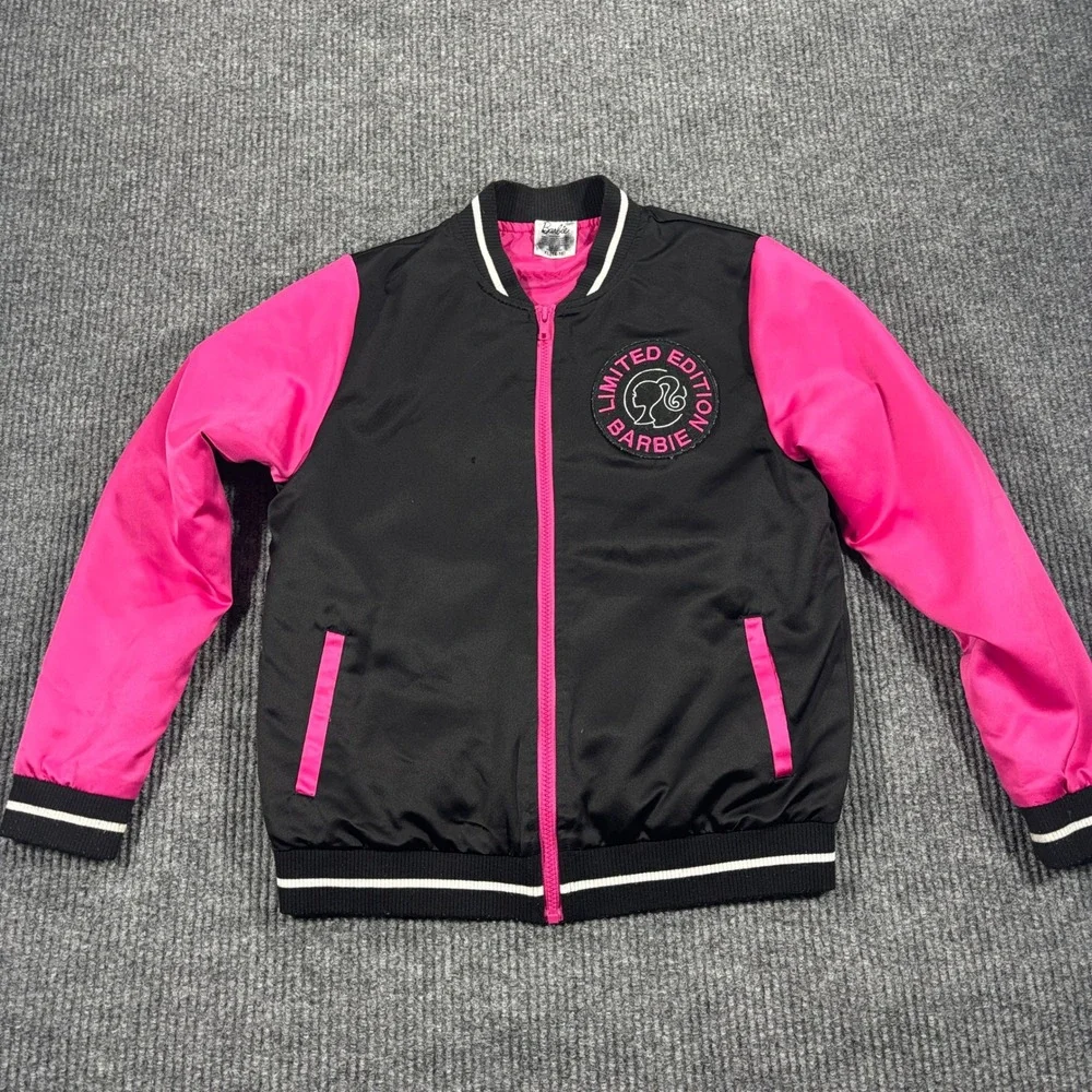 Barbie Bomber Jacket Kids XL (14-16) Black Pink Limited Edition Varsity Zip Up